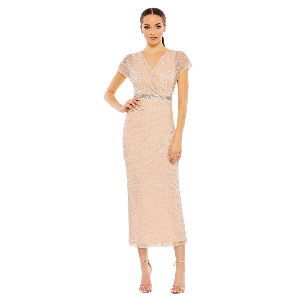 Mac Duggal NWT Beaded Wrap V-Neck Cap Sleeve Dress in Rose Size 10